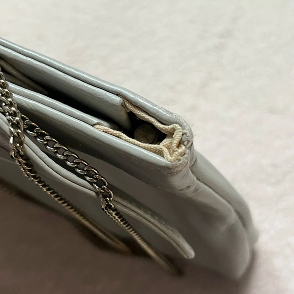 Vintage Leather/Chain Purse Bow Handbag-Grey-Clutch-Vtg-Gray-Retro-Tradwife-60s - Picture 14 of 15